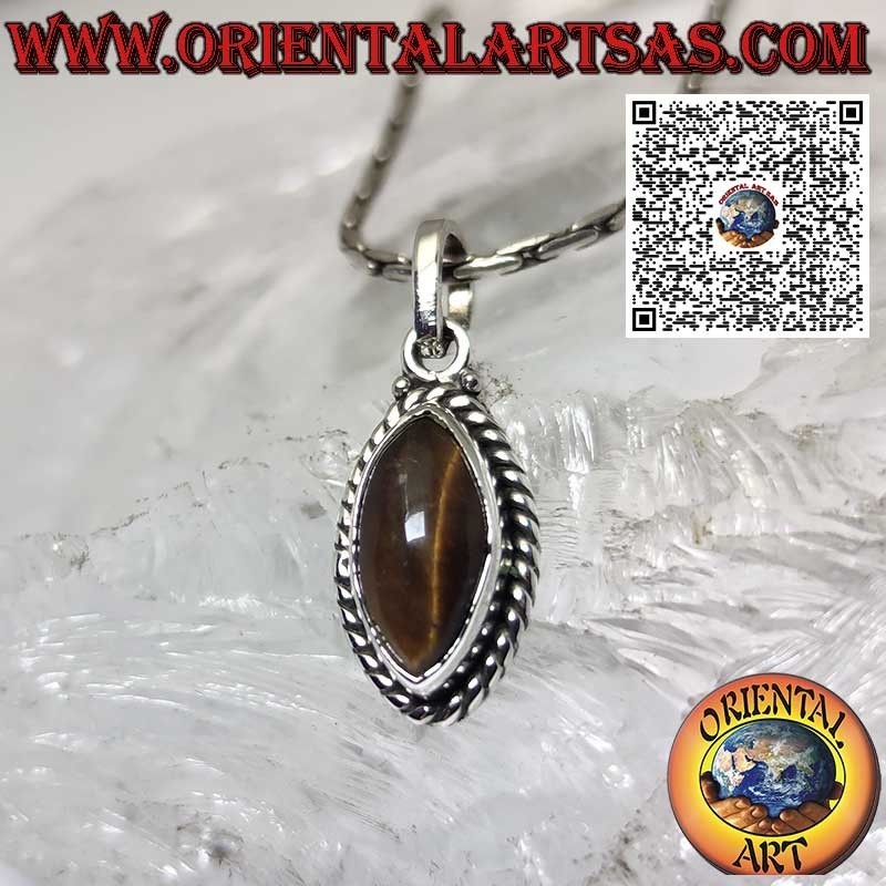 Silver pendant with a shuttle tiger eye surrounded by spheres