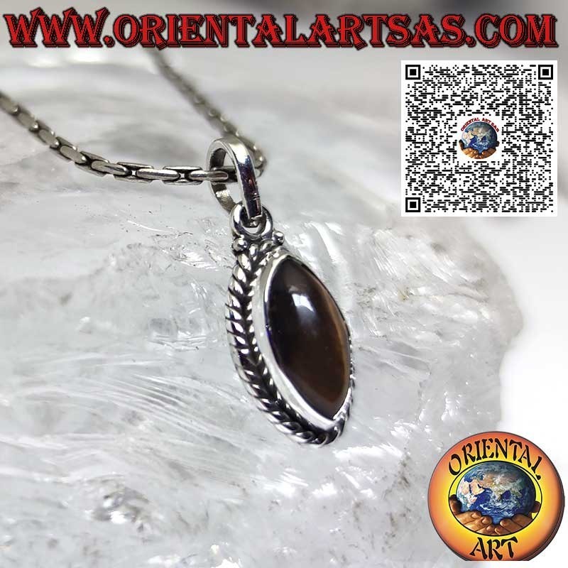 Silver pendant with a shuttle tiger eye surrounded by spheres