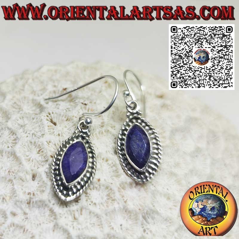 Silver earrings with natural shuttle sapphires and dot edge