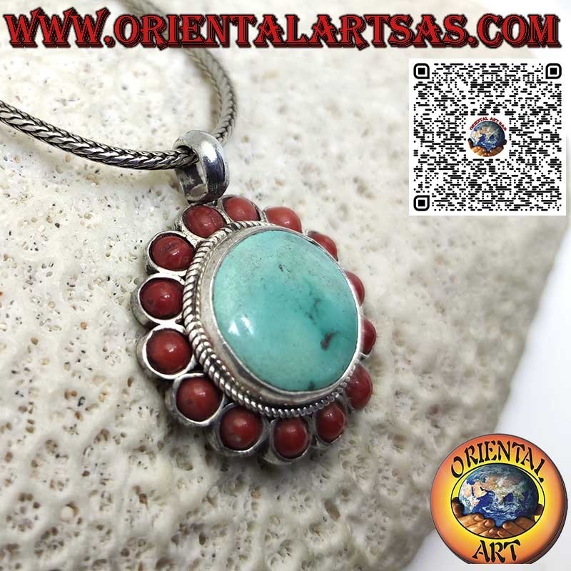 Silver pendant with round natural Tibetan turquoise and 14 corals