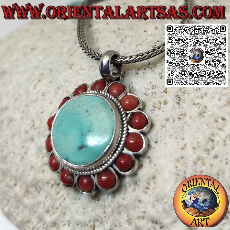 Pendentif en argent avec turquoise tibétaine naturelle ronde et 14 coraux