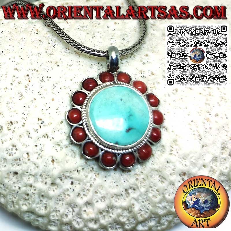 Ciondolo in argento con turchese tibetano naturale tondo e 14 coralli