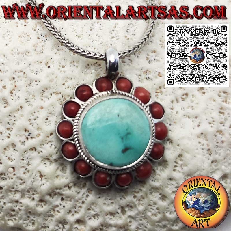 Colgante de plata con turquesa tibetana natural redonda y 14 corales
