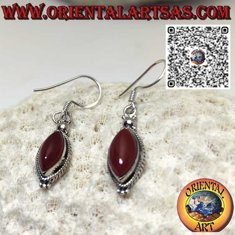 Silver earrings with shuttle carnelian surrounded by braid and spheres