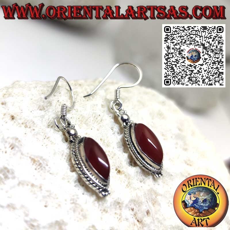Silver earrings with shuttle carnelian surrounded by braid and spheres