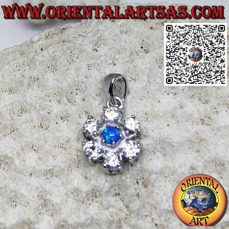 Pendentif en argent 925 ‰ avec opale bleue ronde entourée de zircons