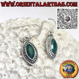 Silver earrings with natural shuttle emerald and dot edge