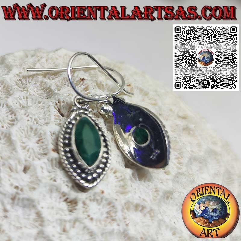 Silver earrings with natural shuttle emerald and dot edge