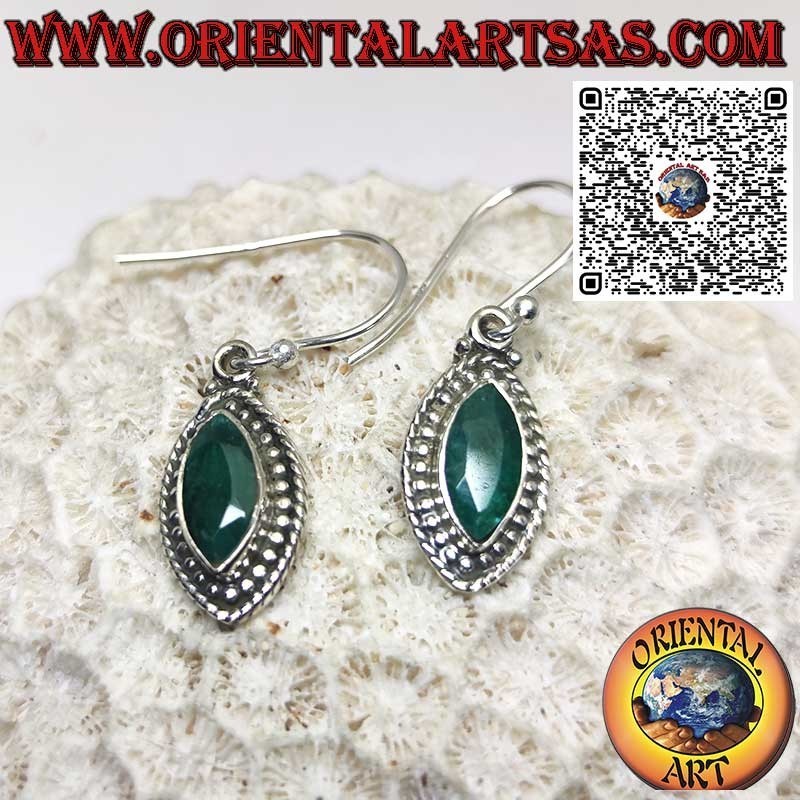 Silver earrings with natural shuttle emerald and dot edge