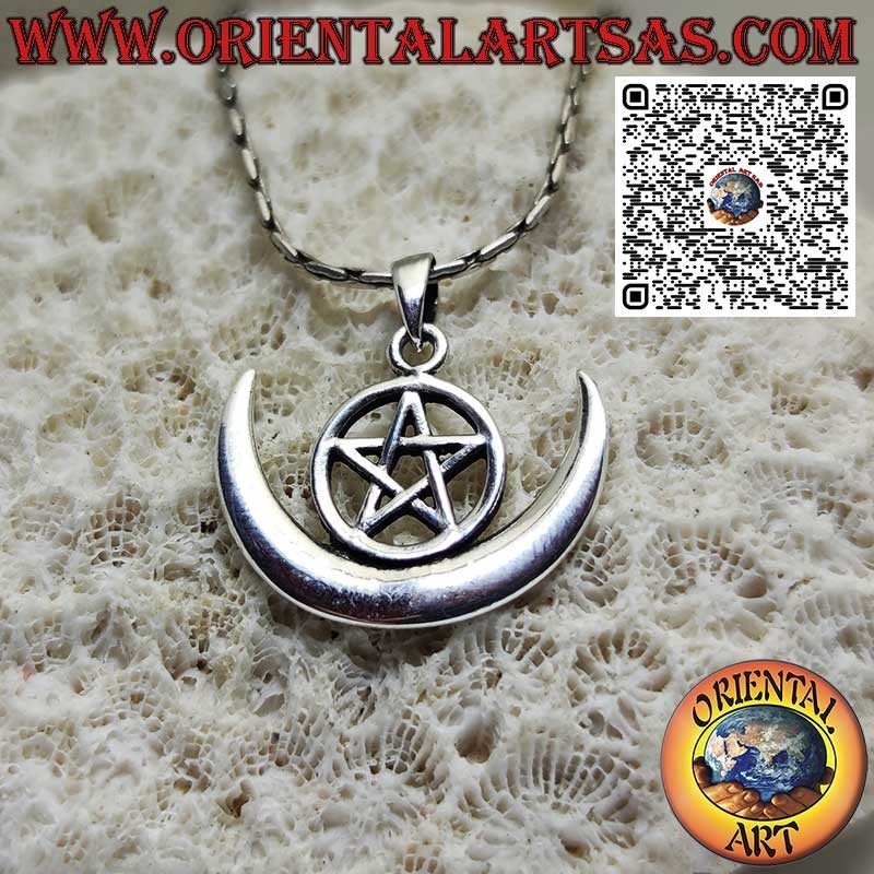 Ciondolo in argento, wicca di protezione "pentacolo e luna crescente"