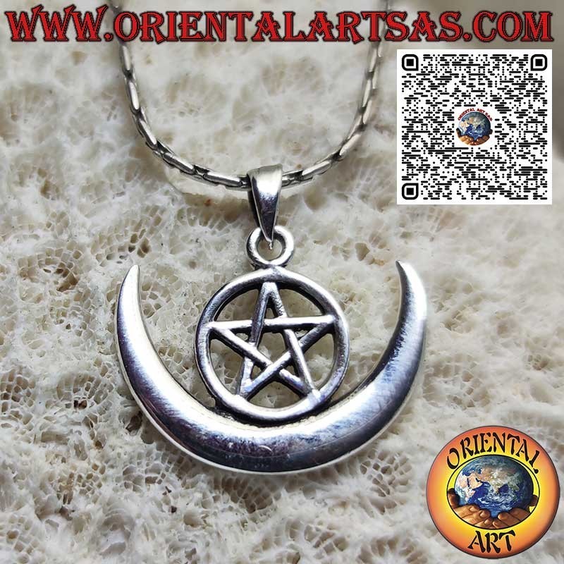 Ciondolo in argento, wicca di protezione "pentacolo e luna crescente"