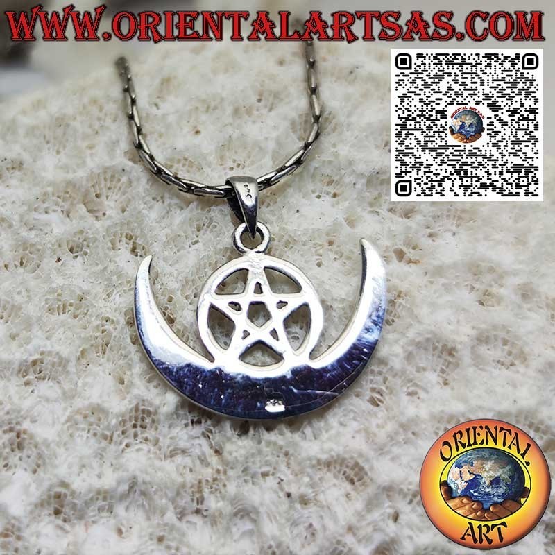 Ciondolo in argento, wicca di protezione "pentacolo e luna crescente"