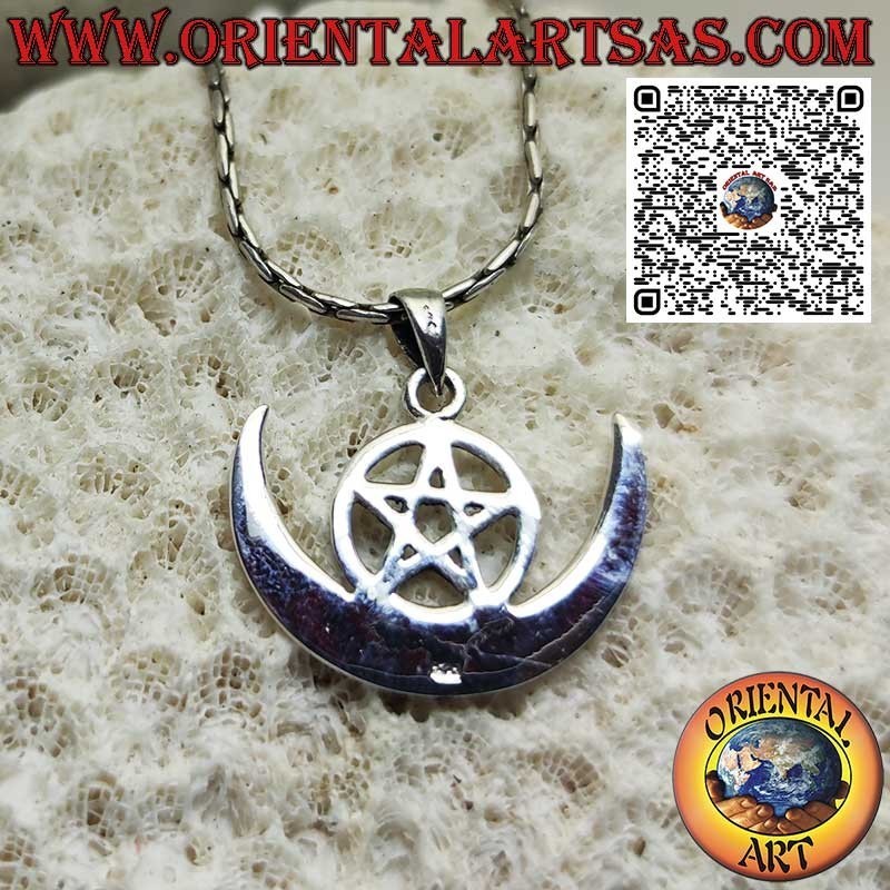 Silver pendant, wicca "pentagram and crescent moon" symbol of protection,