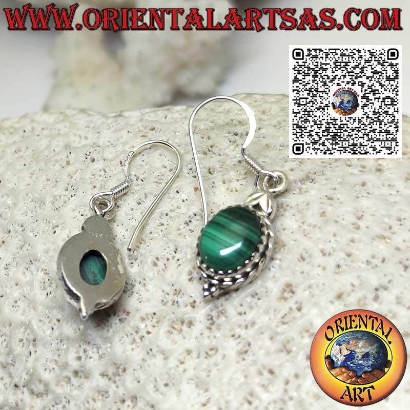 Dangling silver earrings with natural oval malachite set
