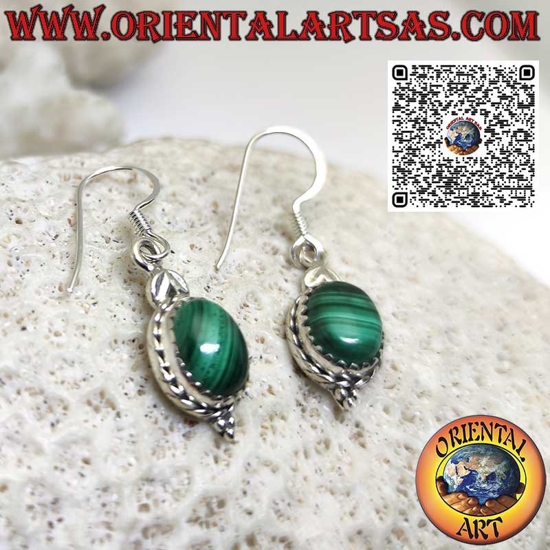 Boucles d'oreilles pendantes en argent serties de malachites ovales naturelles