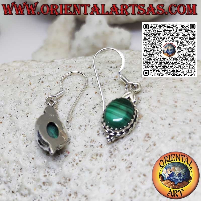 Pendientes colgantes de plata con malaquita natural ovalada engastada
