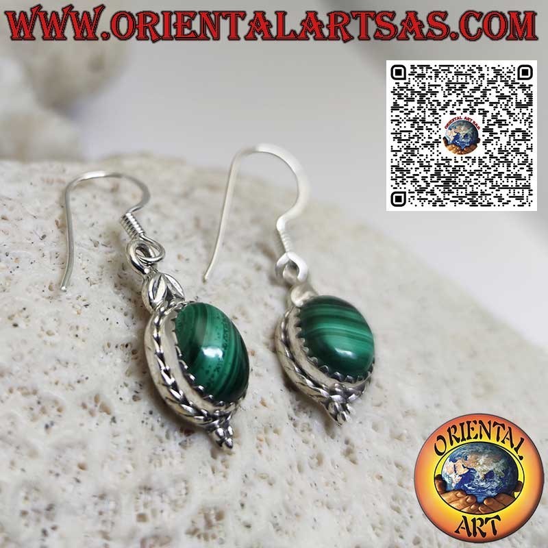 Boucles d'oreilles pendantes en argent serties de malachites ovales naturelles