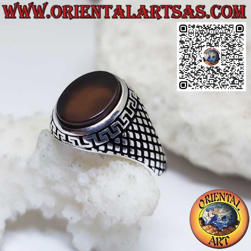 Bague en argent (pour homme) avec cornaline plate ovale
