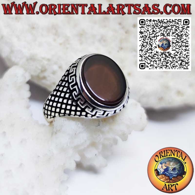 Silver ring (men's) with flat oval carnelian