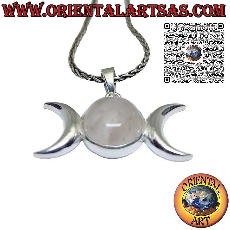 Ciondolo in argento, simbolo della luna triplice dea (wicca) con quarzo rosa