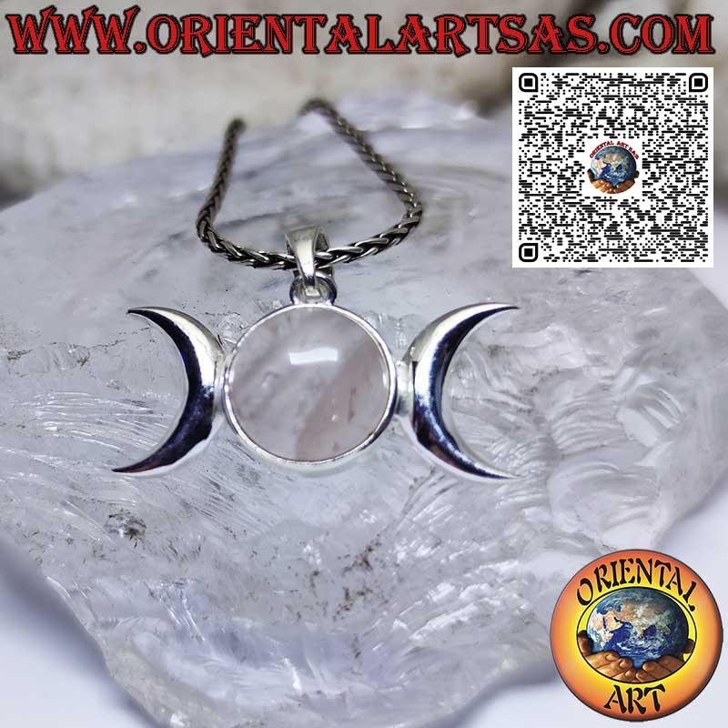 Pendentif en argent, symbole triple déesse lune (wicca) avec en quartz rose rond