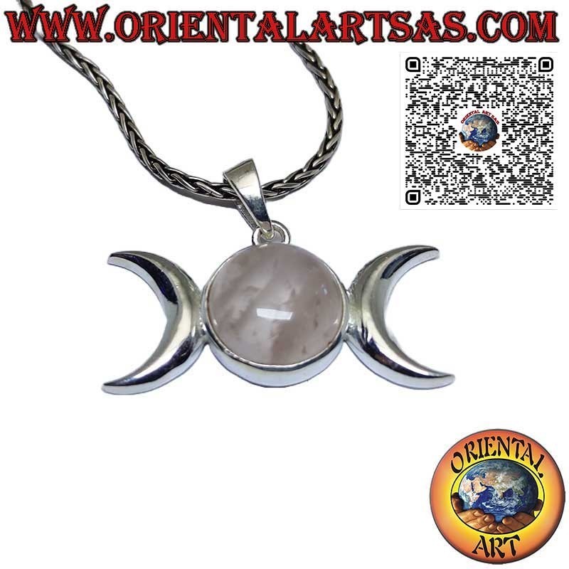 Silberner Anhänger, dreifaches Mondsymbol der Göttin (Wicca) mit Rundrosaquarz
