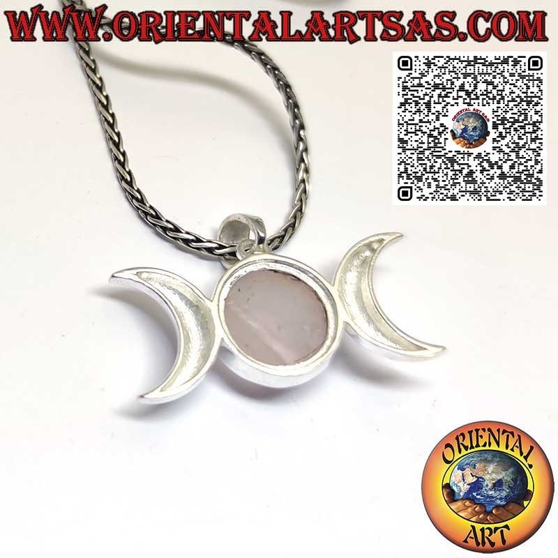 Silver pendant, triple goddess moon symbol (wicca) with central pink quartz