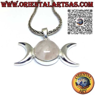 Colgante de plata, símbolo de la triple diosa luna (wicca) con redondo de cuarzo rosa