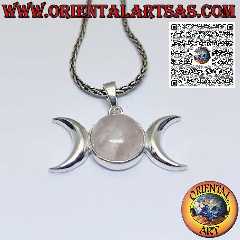 Pendentif en argent, symbole triple déesse lune (wicca) avec en quartz rose rond