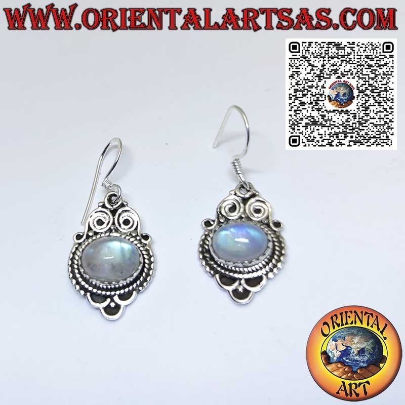 Boucles d'oreilles en argent de style népalais avec pierre de lune transversale