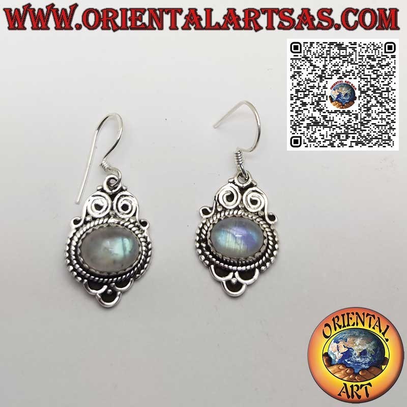 Pendientes de plata estilo nepalí con piedra de luna transversal