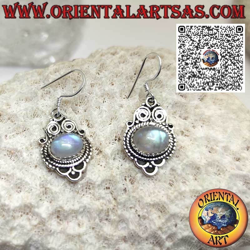 Pendientes de plata estilo nepalí con piedra de luna transversal