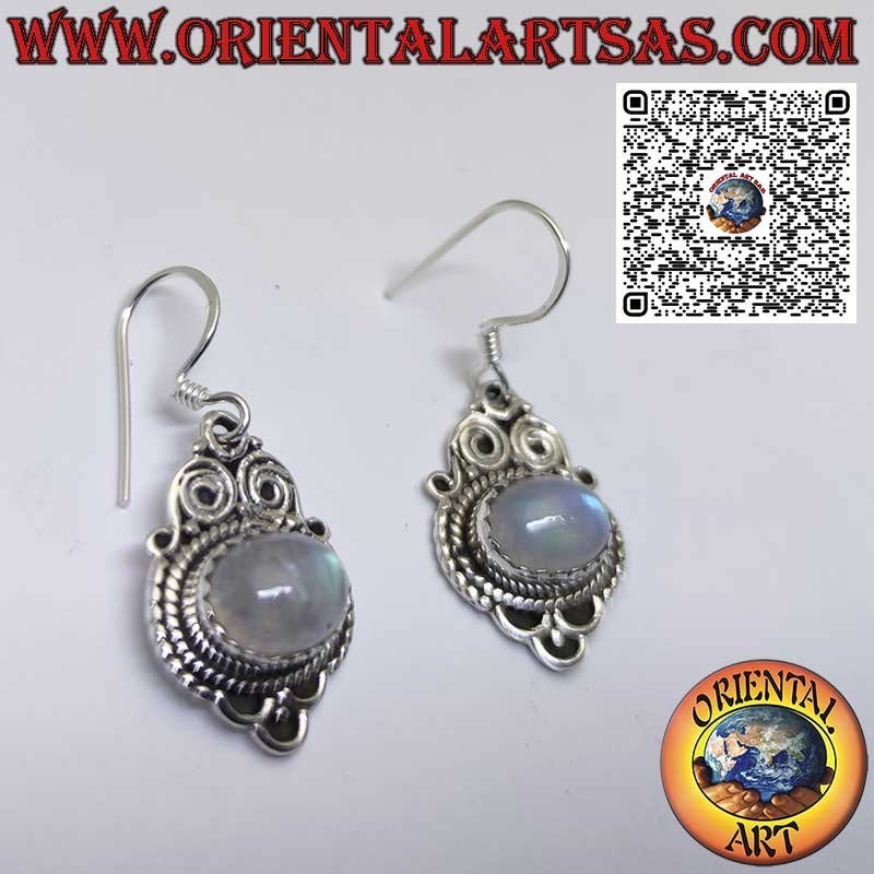 Orecchini in argento con pietra di luna di traverso in stile Nepalese