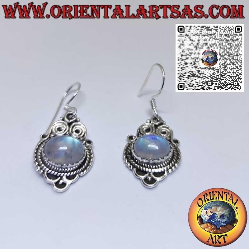 Boucles d'oreilles en argent de style népalais avec pierre de lune transversale