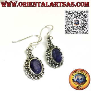 Silver earrings with natural oval sapphire surrounded by circles