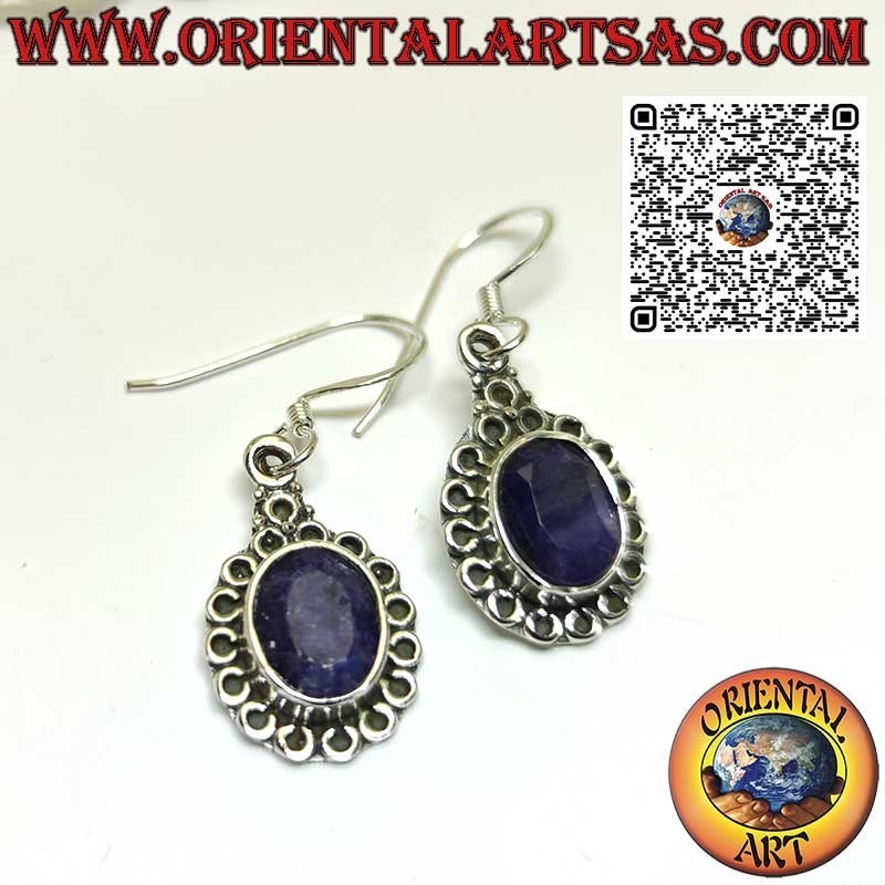 Boucles d'oreilles en argent avec saphir ovale naturel entouré de cercles