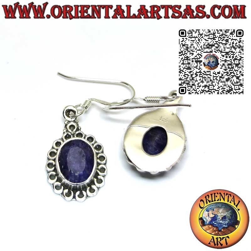 Silver earrings with natural oval sapphire surrounded by circles