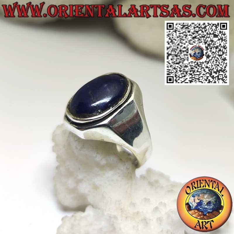 Silver ring with oval natural lapis lazuli and shaped frame