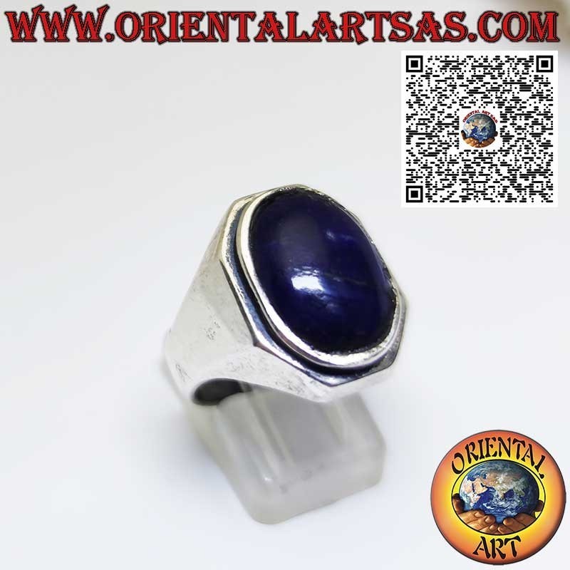 Bague en argent avec lapis-lazuli naturel ovale et monture façonnée