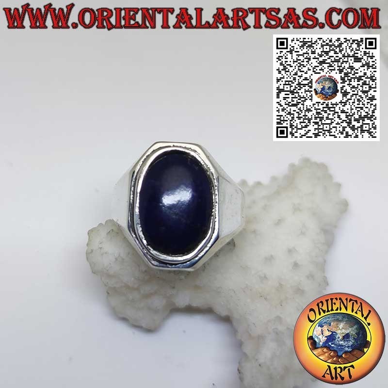 Bague en argent avec lapis-lazuli naturel ovale et monture façonnée