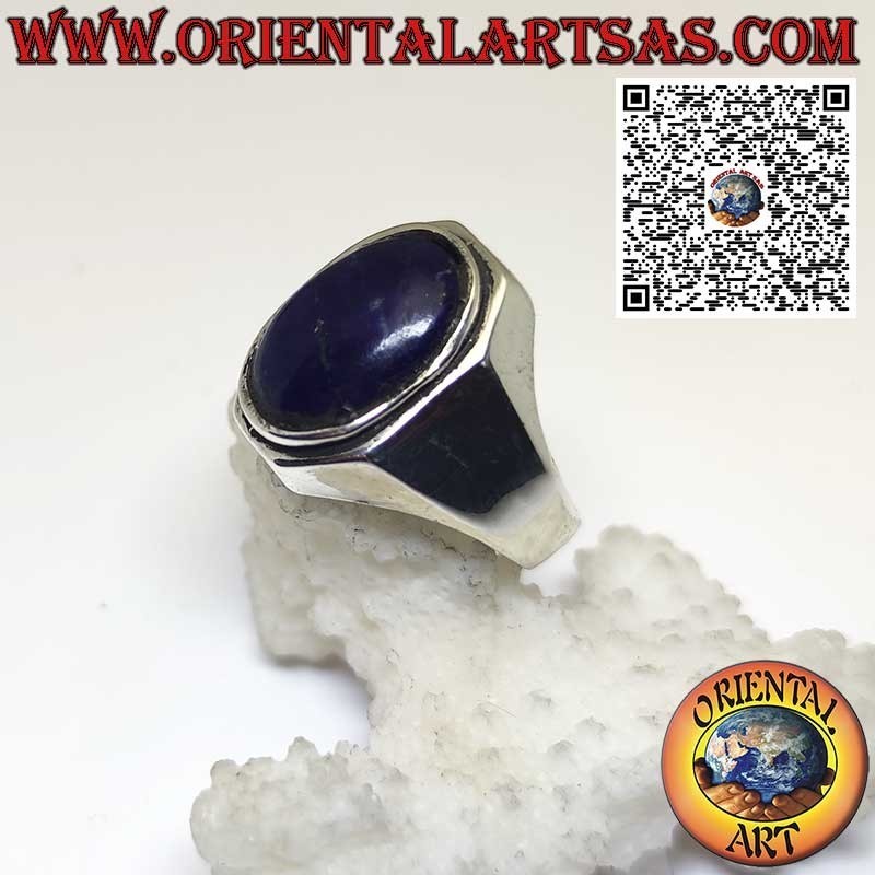 Bague en argent avec lapis-lazuli naturel ovale et monture façonnée