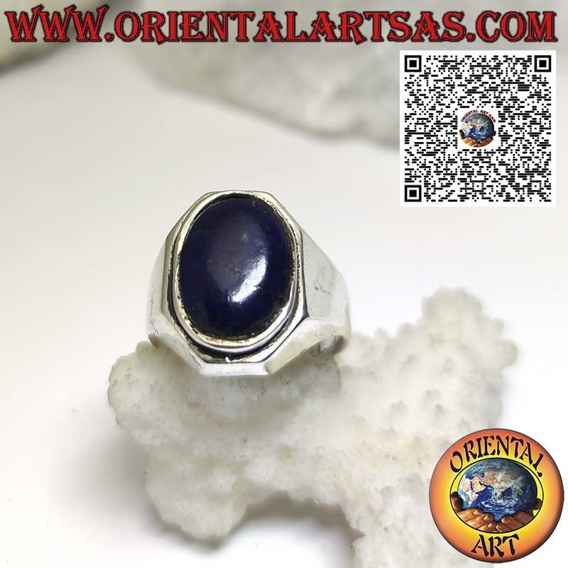 Silver ring with oval natural lapis lazuli and shaped frame