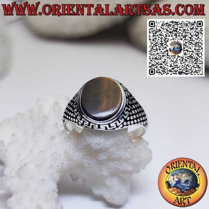Anillo de plata con ojo de tigre ovalado plano rodeado de trastes