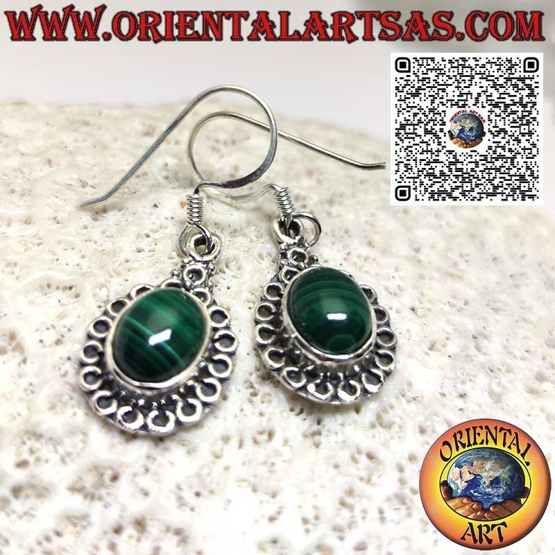 Boucles d'oreilles en argent avec Malachite serties entourées de cercles