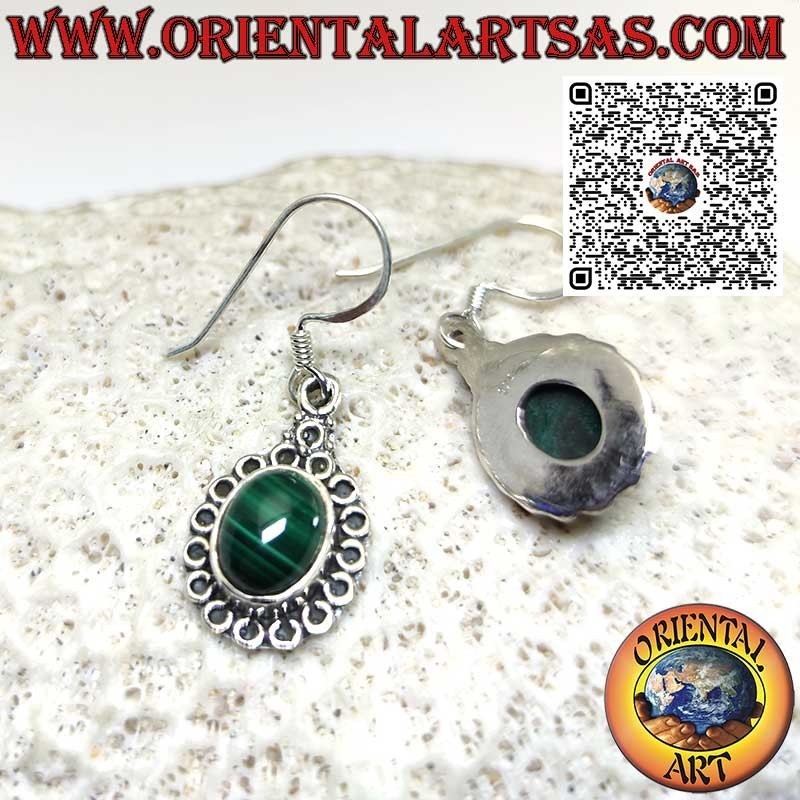 Silver earrings with Malachite set surrounded by circles