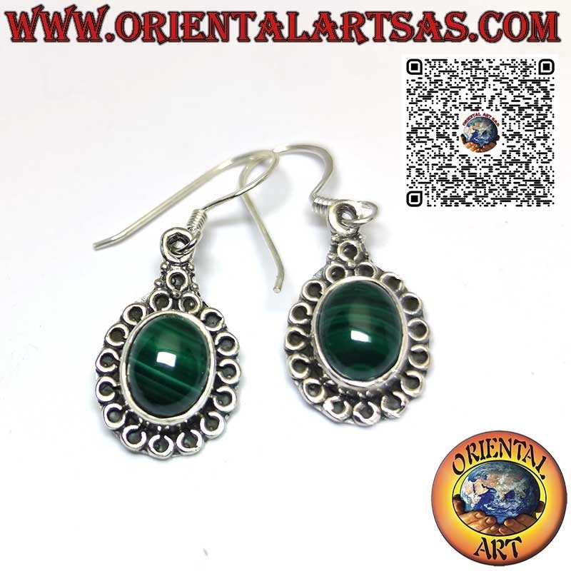 Boucles d'oreilles en argent avec Malachite serties entourées de cercles