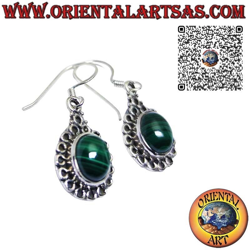 Pendientes de plata con Malaquita engastada rodeada de círculos