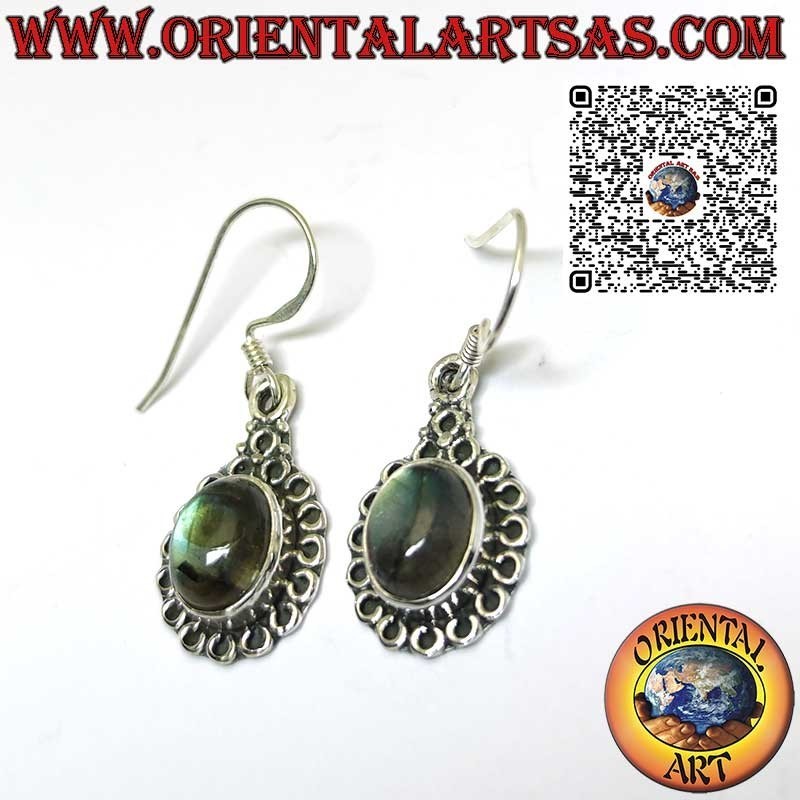 Pendientes de plata con labradorita natural ovalada rodeada de círculos