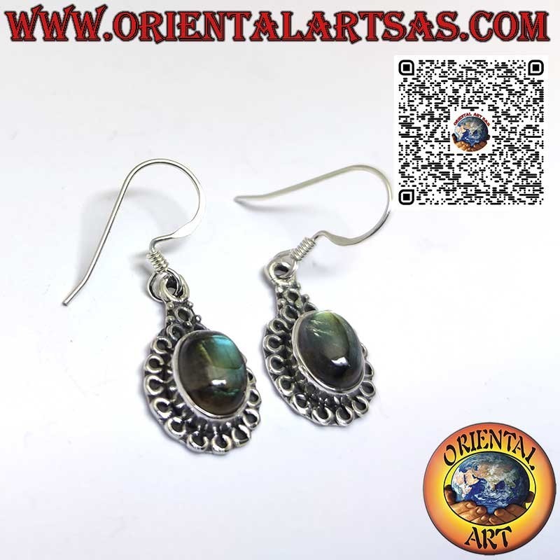 Silver earrings with natural oval labradorite surrounded by circles
