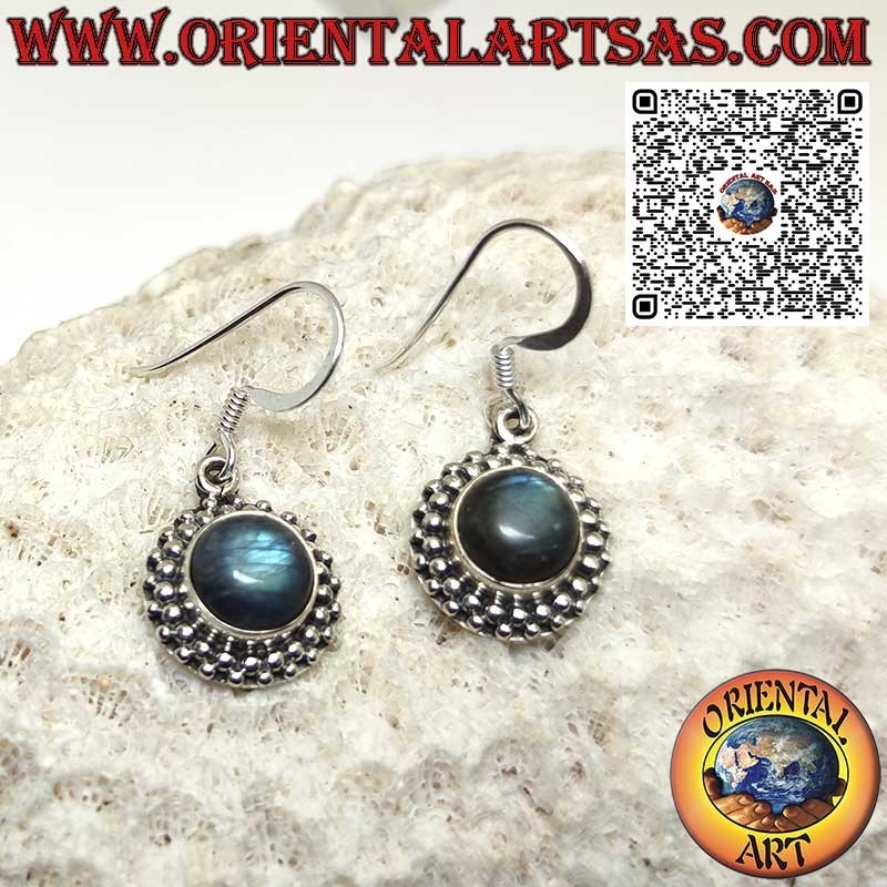 Silver earrings with round natural labradorite surrounded by spheres